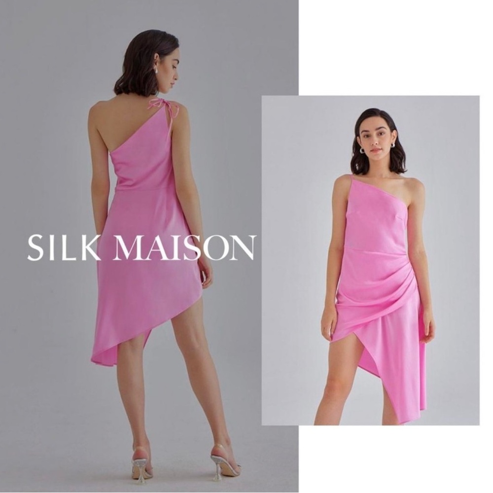 NWT Silk Maison Pink One Shoulder Draped Asymmetrical Ruched Silk Mini Dress XS‌